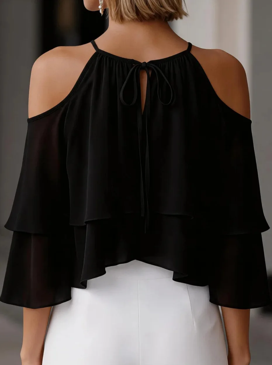 Women Cold Shoulder Halter Blouse Ruffle Layered Chiffon Tops Casual Party Shirts