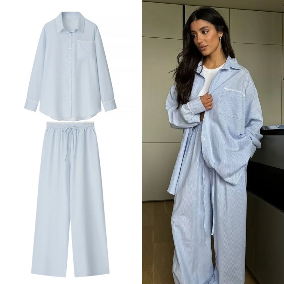 

UNIZERA повседневная свободная полосатая рубашка с лацканами, топ + прямые широкие брюки с эластичной резинкой на талии, Новое поступление 2025, женская одежда