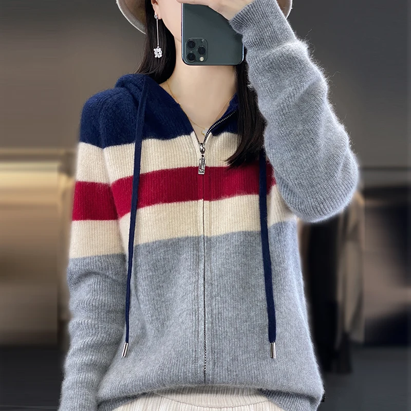 Hoodie Collar Sweatshirt 100% Merino Wool Clothing Autumn Winter Warm Cardigan Fashion Korean Knitted Contrast Sweater Tops