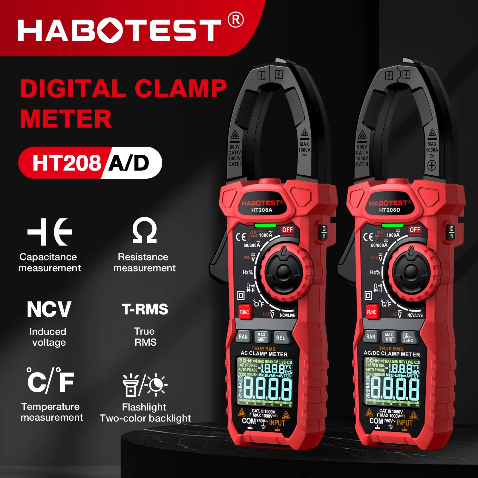 HABOTEST HT208 Clamp Meter 1000A 1000V AC DC True RMS Digital Clamp Meter Amperimetrica Capacitance Temperature Ohm Hz Tester