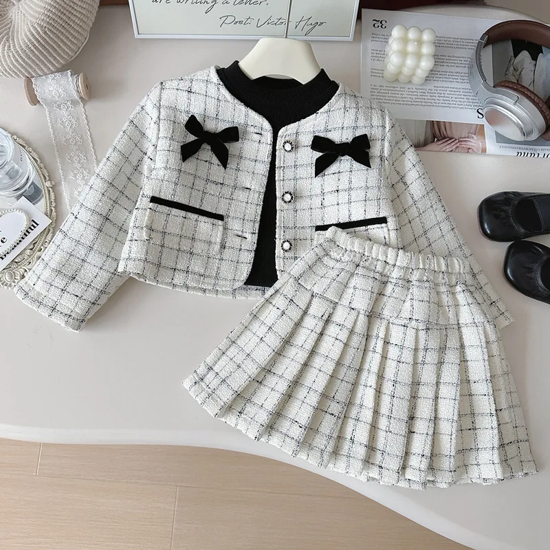 

Girls' Suit Long Sleeve2024Spring and Autumn Girls' Fashionable Bow Plaid Pleated Skirt Two-Piece Suit Fashion