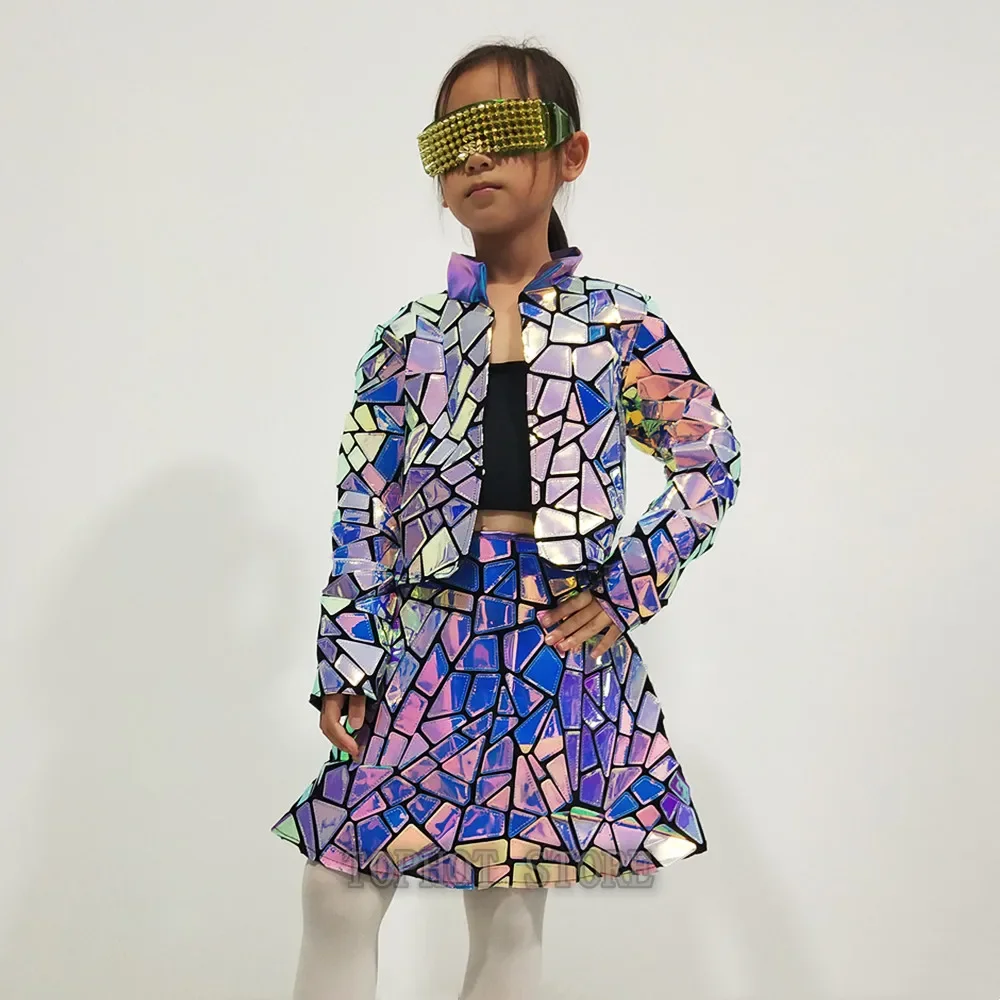Hip Hip Jazz Dance Team Costume da spettacolo per ragazze Bambini Street Dance Party Festival Outfit Set gonna cappotto con paillettes laser viola