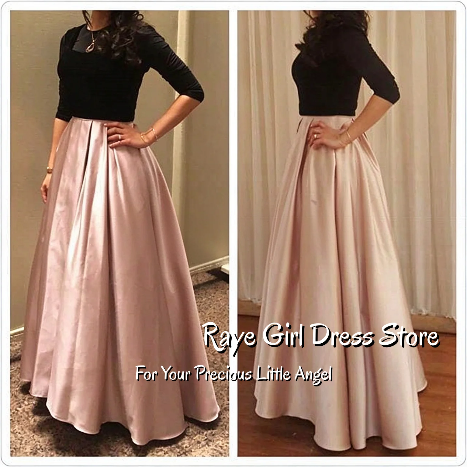 Luxury Blush Pink Flower Girl Gown 3/4 Black Sleeve Pleated Satin Floor Length Two Piece Party Dress Customized