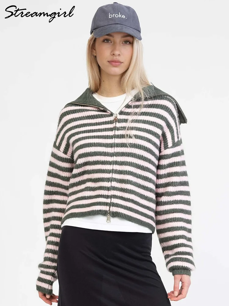

Streamgirl коричневые свитера на молнии для женщин, зимние теплые трикотажные пуловеры в полоску, женские кардиганы на молнии, женские вязаные свитера