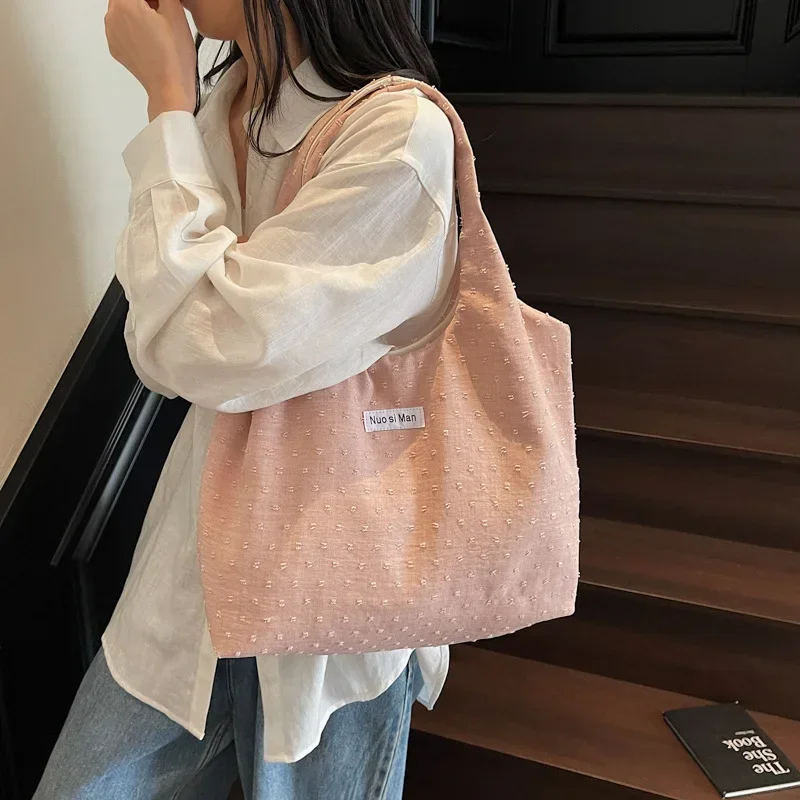 

2025 Women's Polka Dot Canvas Tote Bag - Large Capacity Fashionable Shoulder & Handheld Purse for Student Commuting & Daily Use