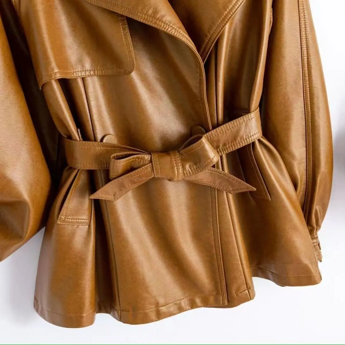 New lace-up waist  leather jacket 2025 spring and autumn medium and long jacket Korean  loose leather trench coat