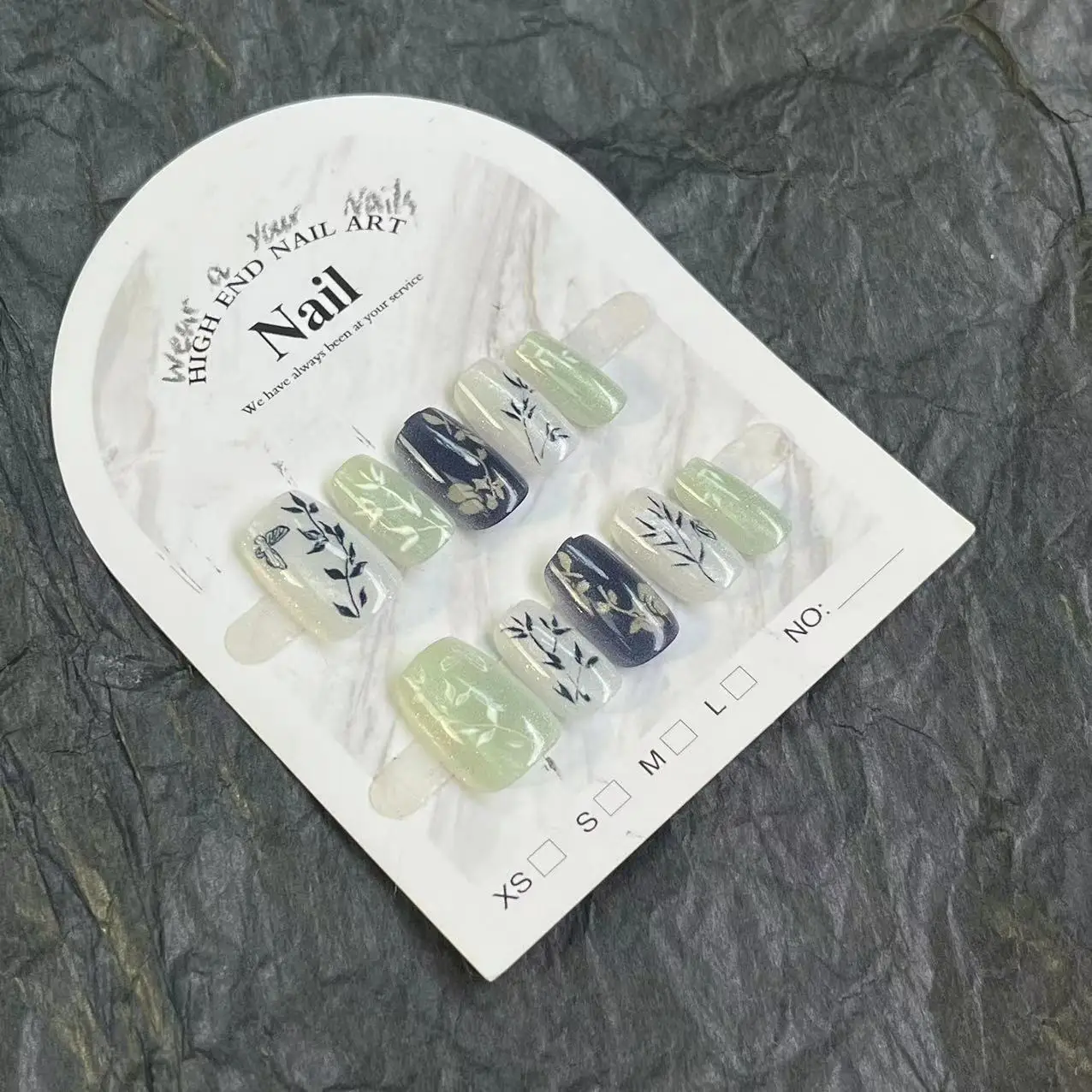 10pcs Short Fake Nails Wearable Green Dark Blue Cat Eyes Chinese Design Contrasting Colors Reusable Full Cover Glitter Nail Tips