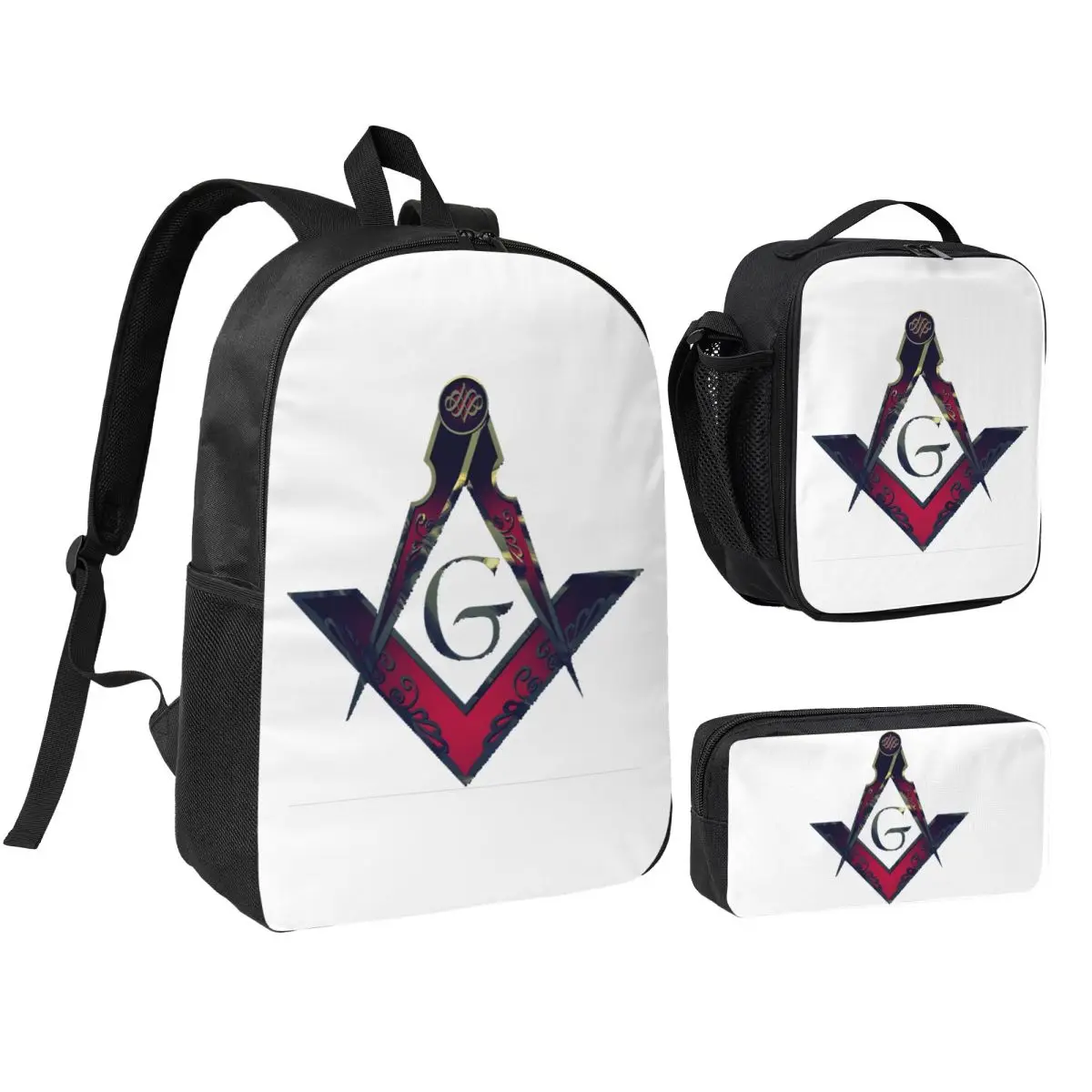 

Freemason Compass Masonic Backpack Student BookBag School Bag Shoulder Bags 3ps Insulated Lunch Bag Pencil Case