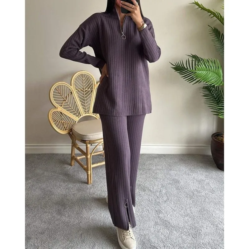 Casual knitted home suit women\'s warm zipper top trousers lapel long sleeves high waist trousers 2 piece suit