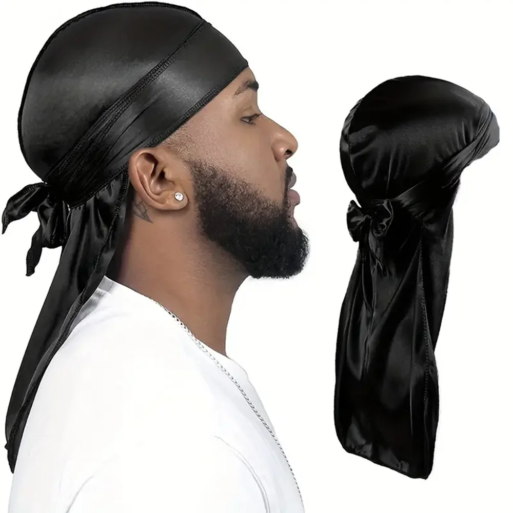 Men\'s Silk Durag Shower cap Bandana Silky Du Rag Doo Rag Long Tail Waves Cap