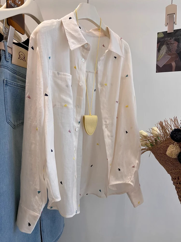 

Embroidered Linen Sun Protection irt Women Summer Thin Loose Casual Breathable Cover up Silk Top Coat