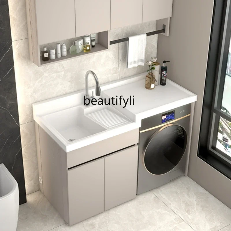 

Cream Style Washing Machine Cabinet Combination Quartz Stone Whole Washbin Floor Type Large Pool Washboard