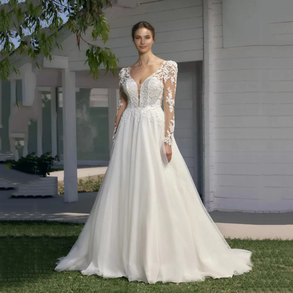 

Msikoods Luxury Wedding Dress 2025 Lace Applique Illusion Long Sleeve Deep V Backless Bridal Gown Floor Length Brides Dress