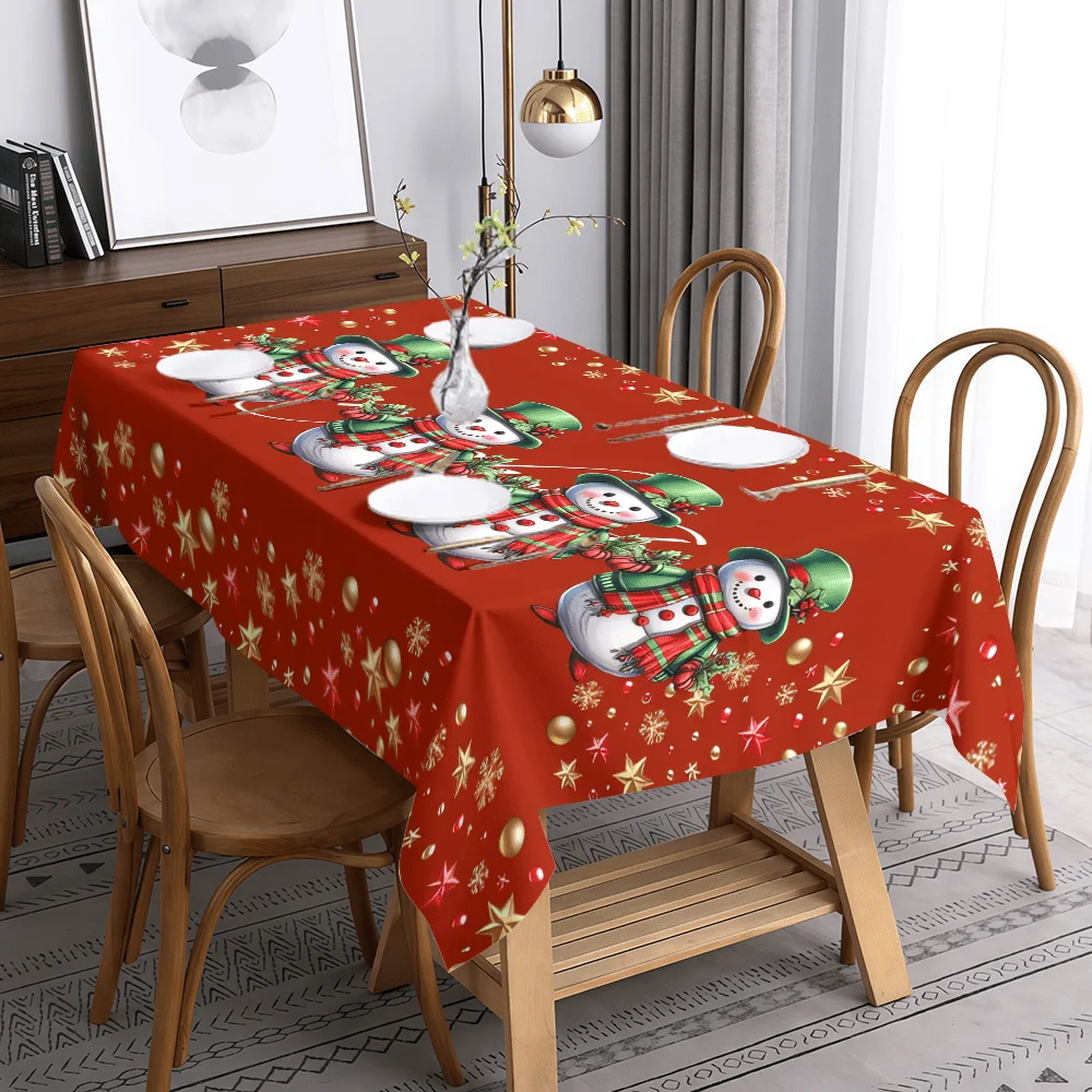 1pc of Cheerful Winter Snowman Print Tablecloth, Four Snowmen Arranged Vividly And Cutely, with Red Background And Green Top Hat