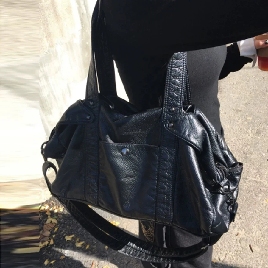 

NEW Vintage Large Capacity Women Shoulder Bags Retro Rivet Lady Handbags Tote Bag Luxury Soft Pu Leather Crossbody Bag