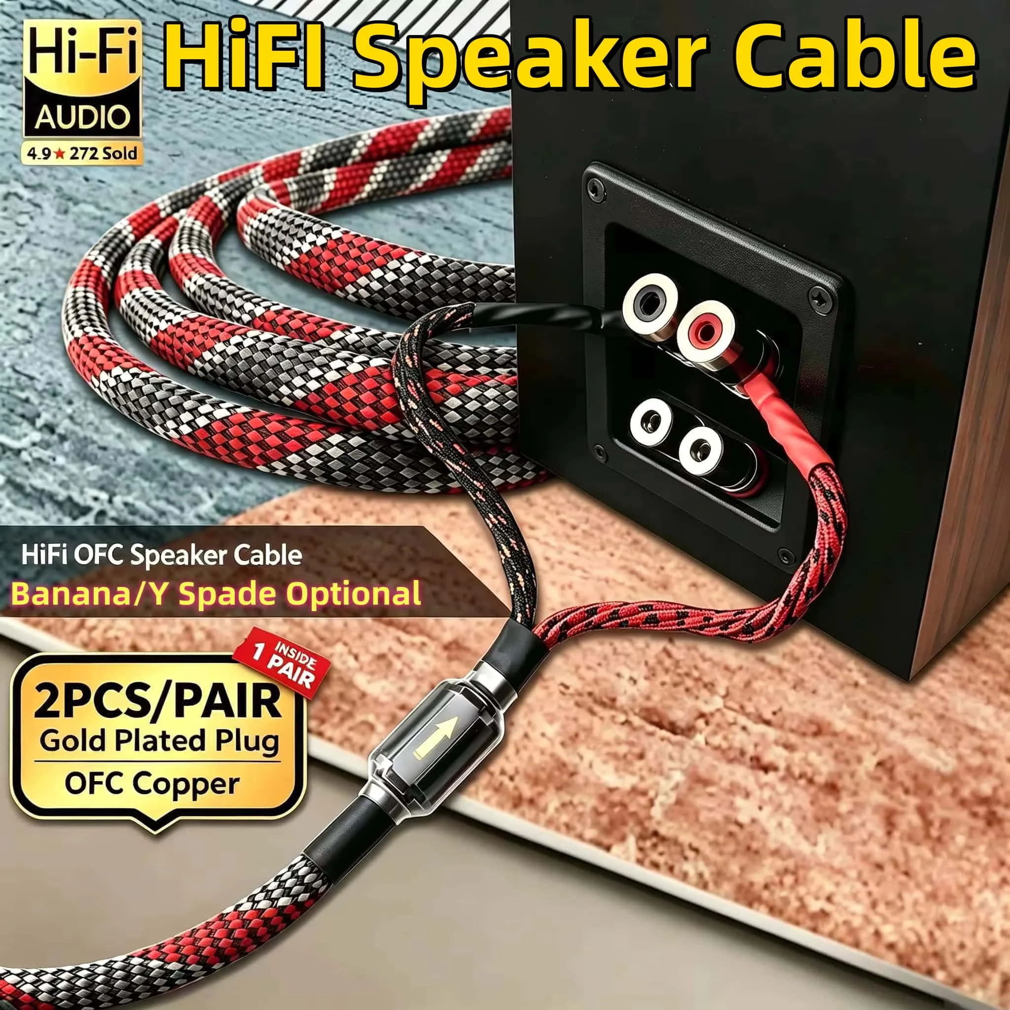 OFC Gold Plated Speaker Cable 1 Pair Banana Spade Plug 1m-5m HiFi Audiophile Braided Loudspeaker Wire for Home Theater Amplifier