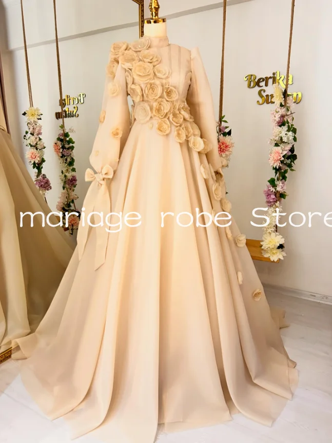

Champagne Muslim Caftan Evening Formal Dresses Long Sleeve High Neck 3D Floral Customsized Dubai Arabian Prom Gown Garment