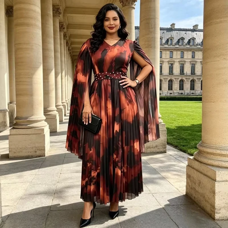 ANLAN New Miyaki Women V‑Neck Cape Sleeve Printed Pleated Maxi Dress Beaded Waistband Formal Evening Party Gown Dresses 2AN8329