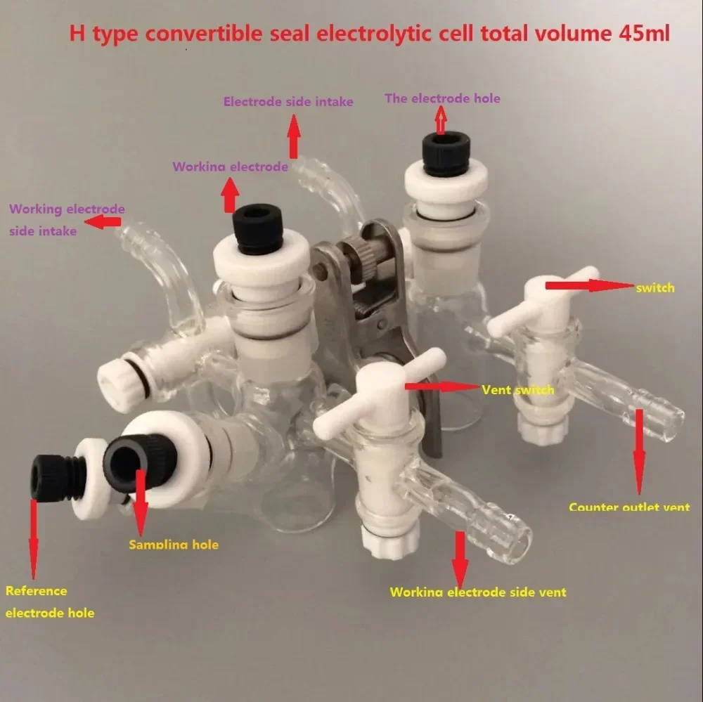 Custom-made H-type Removable Membrane Microseal Electrolytic Cell With Three-way Inlet 30ml H Type Electrolytic Cell