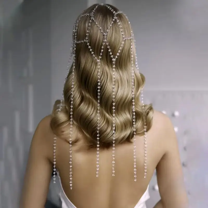 Women's High-End Rhinestone Fringed Headband Multi-Layer Diamond-Encrusted Hair Chain European American Bridal Accessory