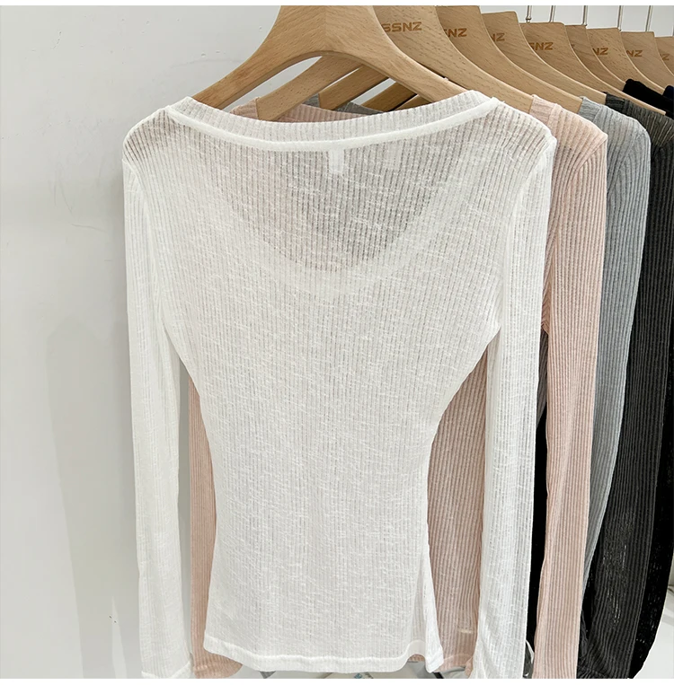 2026 Sommer Neuer Lässiger Stil Transparentes Dünnes Durchsichtiges Überzug-Top Damen T-Shirt V-Ausschnitt Sonnenschutz Langarm T-Shirt – Detail 8