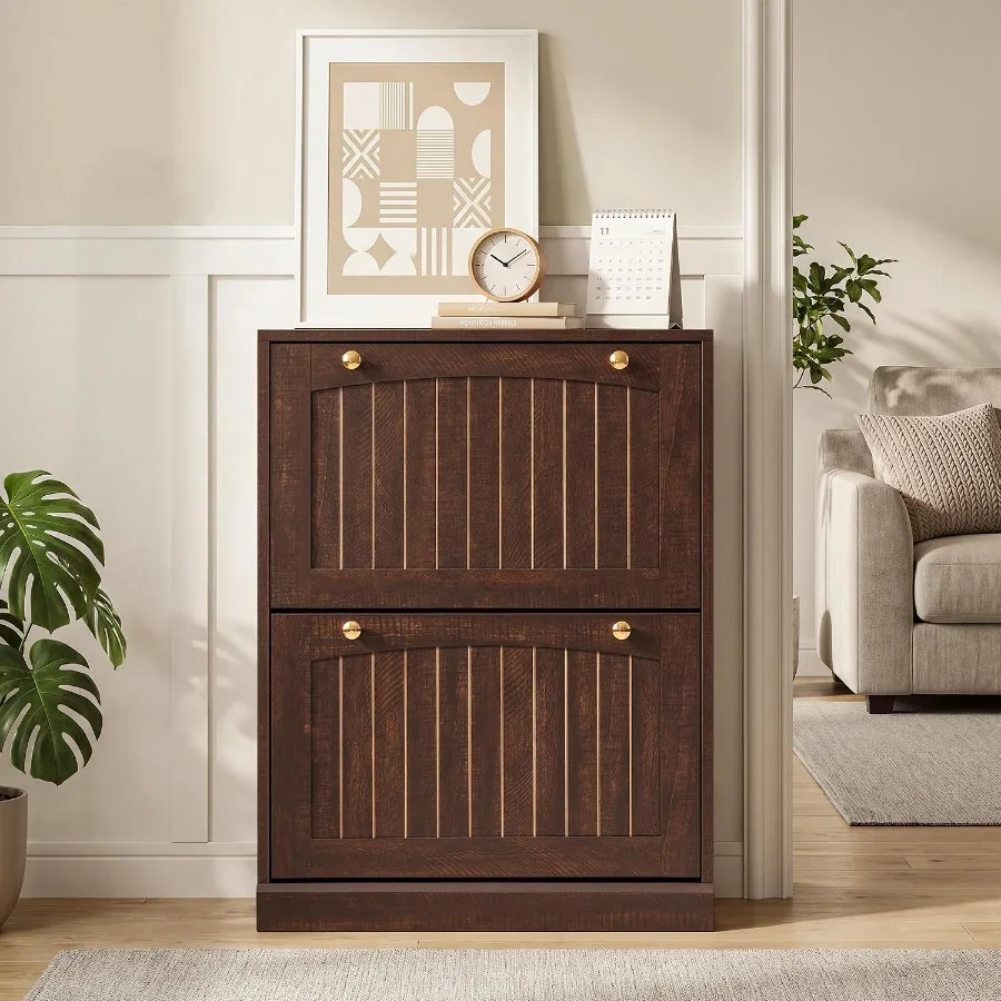 Shoe Cabinet with s, Walnut Slim Narrow Shoe Storage Cabinet