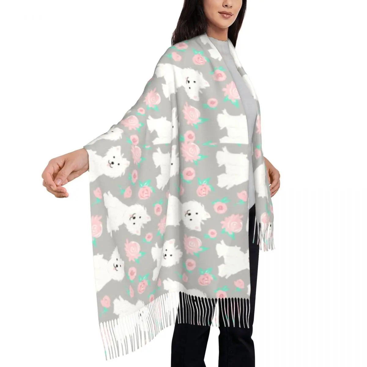 Ladies Long West Highland White Terrier Puppy And Rose Flowers Scarves Women Winter Fall Warm Tassel Shawl Wrap Westie Dog Scarf