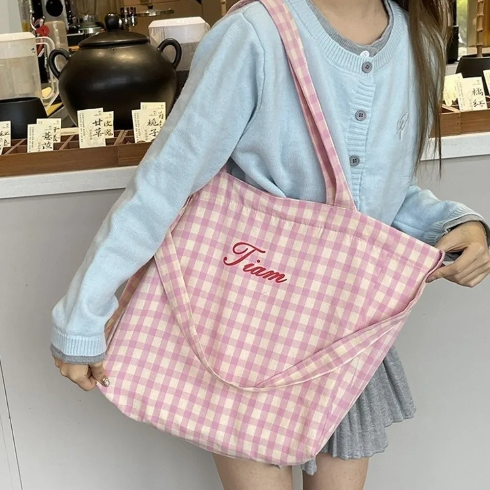

Casual Letter Plaid Shoulder Bag Candy Color Korean Style Canvas Tote Bag Light Weight Purse Large Capacity Crossbody Bag Daily