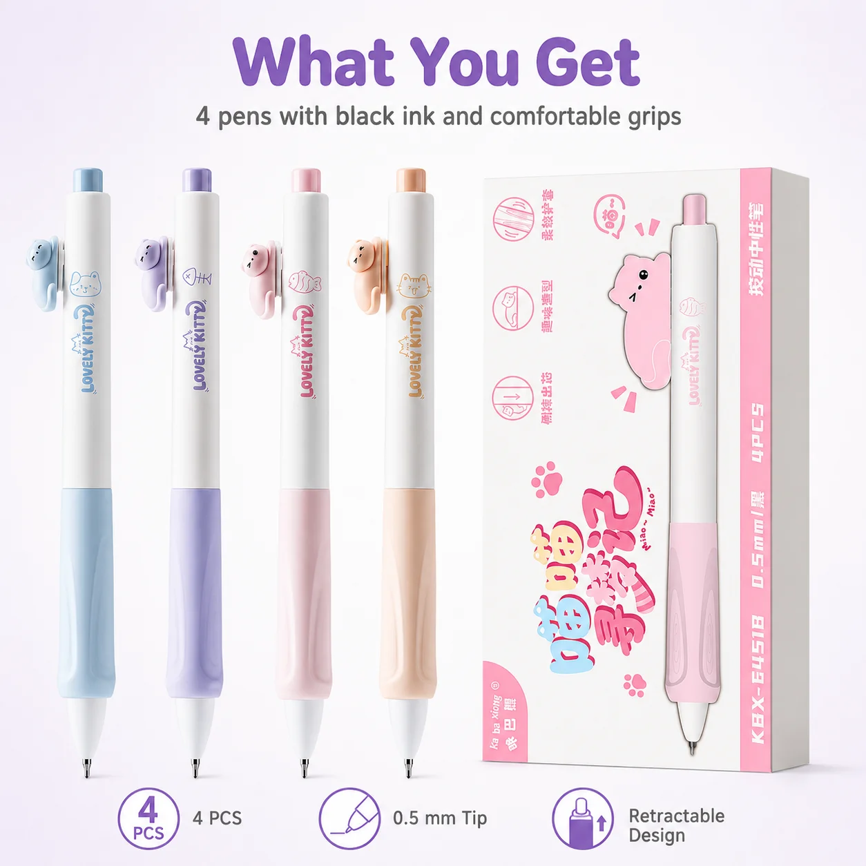4 cat pens, 3D cute cat clip retractable black ink pen, 0.5mm CS pen tip soft grip student diary pen set
