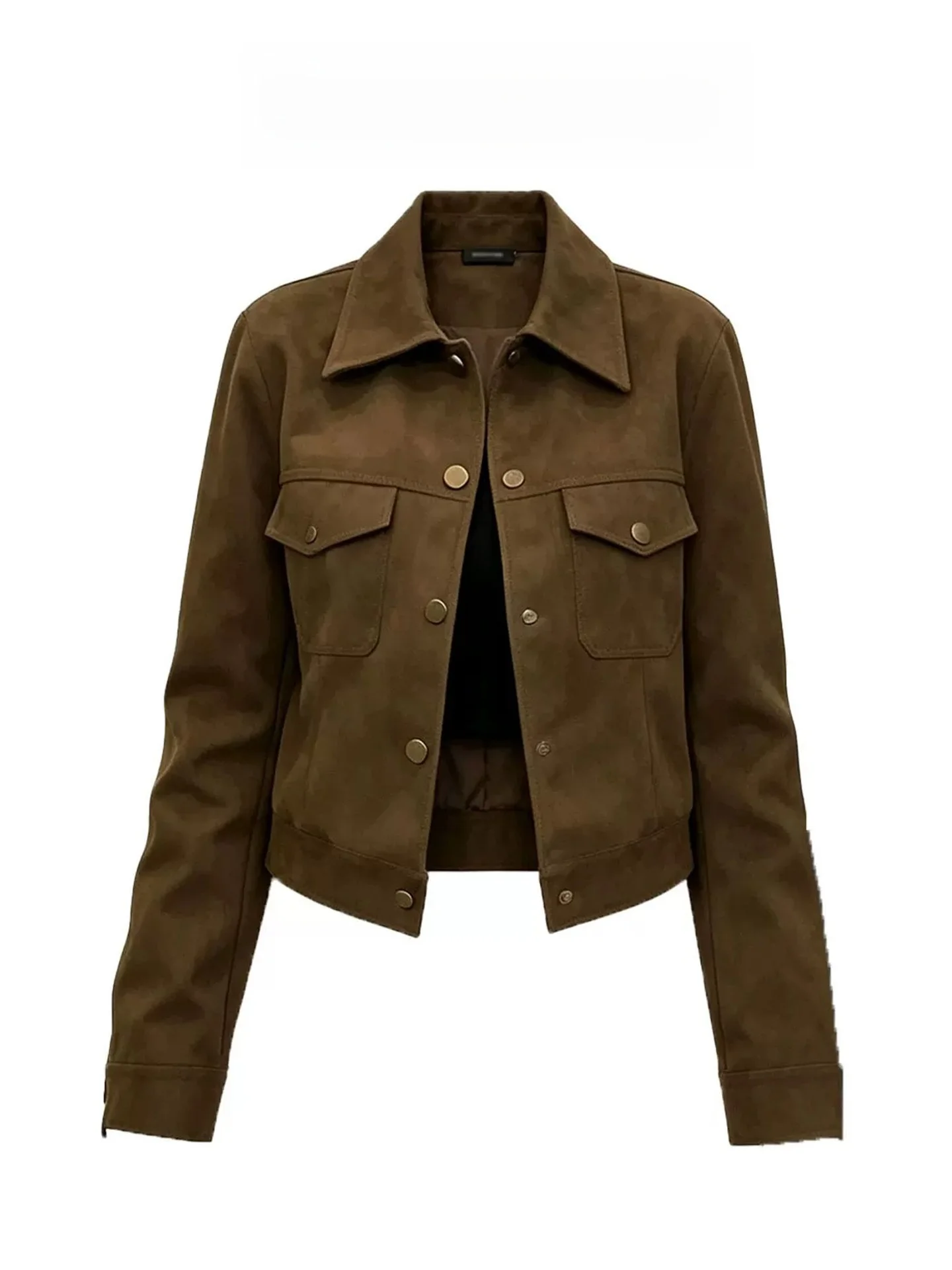 Women's Suede Jacket Coffee Color Lapel Loose Design Casual Style Long Sleeve Short Top Polyester Fiber Filling Straight Cut