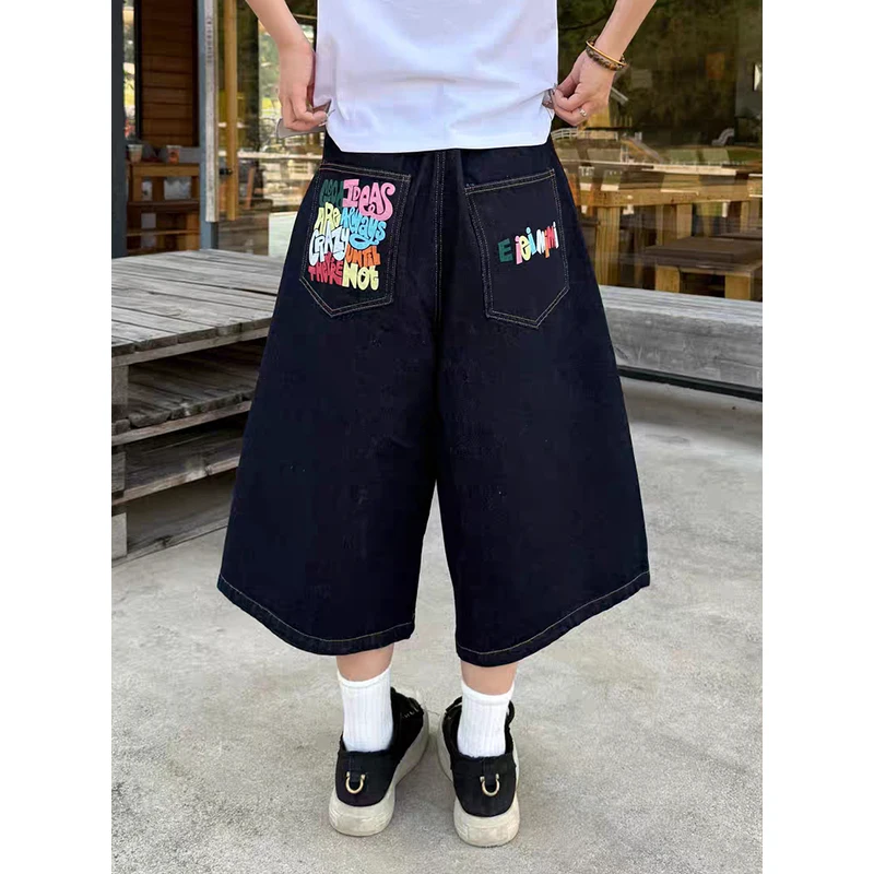 PBAP Y2k قوس قزح رسالة المرأة فضفاض الجينز الجورت الأسود غسل أوفست طباعة منخفضة الارتفاع عادية واسعة الساق الدنيم السراويل خمر الشارع الشهير