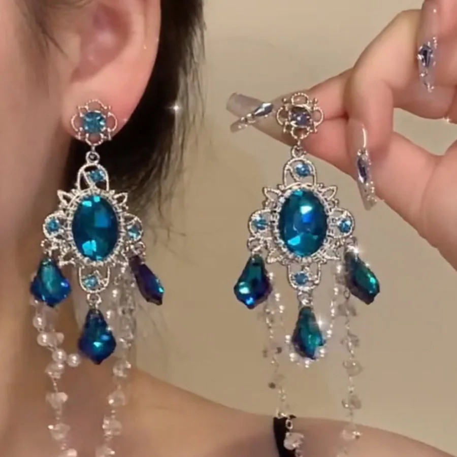 

Vintage Earrings for Women Silver Needle Oval Tassel Baroque Boho Shiny Large Long Earrings Jewelry