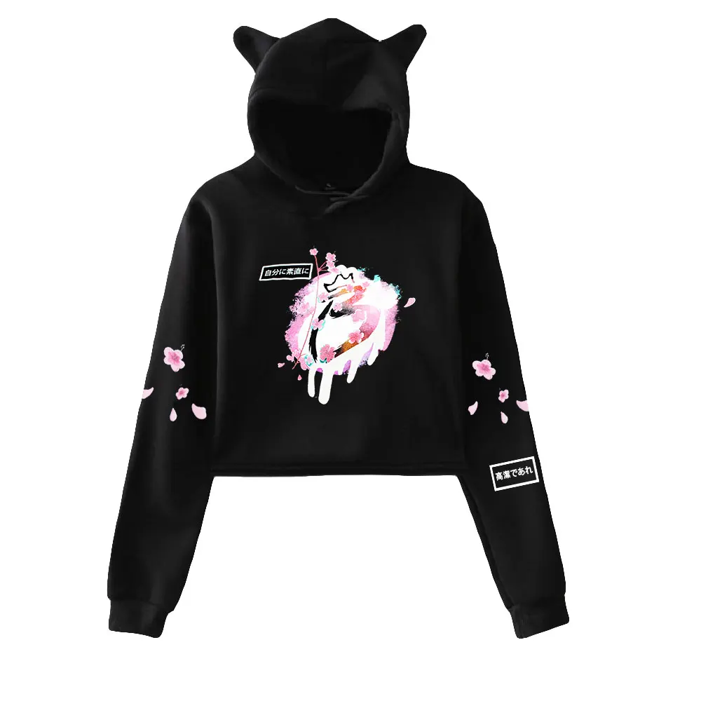 

BriannaPlayz CHERRY BLOSSOM Merch Cat Cropped Hoodies Women/Girl Hooded Crop Tops Loose Sweatshirt