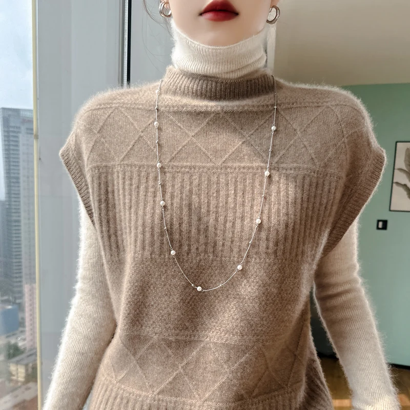 Half High Neck Sleeveless Wool Knit Vest For Women In AutumnWinter Solid Color Fashionable Warm And Loose 100%MerinoWool Sweater