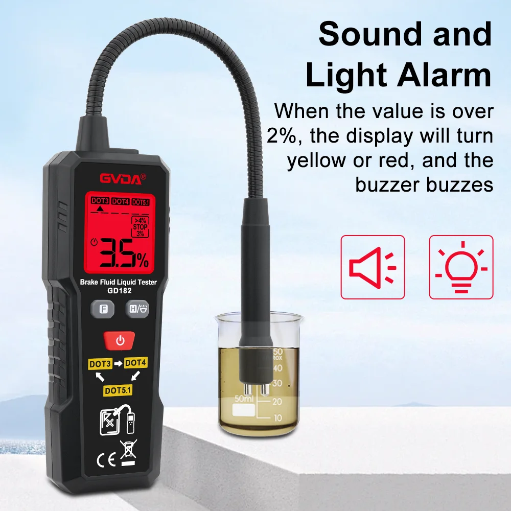 Imagem -02 - Gvda-car Freio Líquido Tester Óleo Qualidade Verificar Analisador Alarme de Luz Sonora Medidor de Umidade Dot3 Dot4 Dot5.1