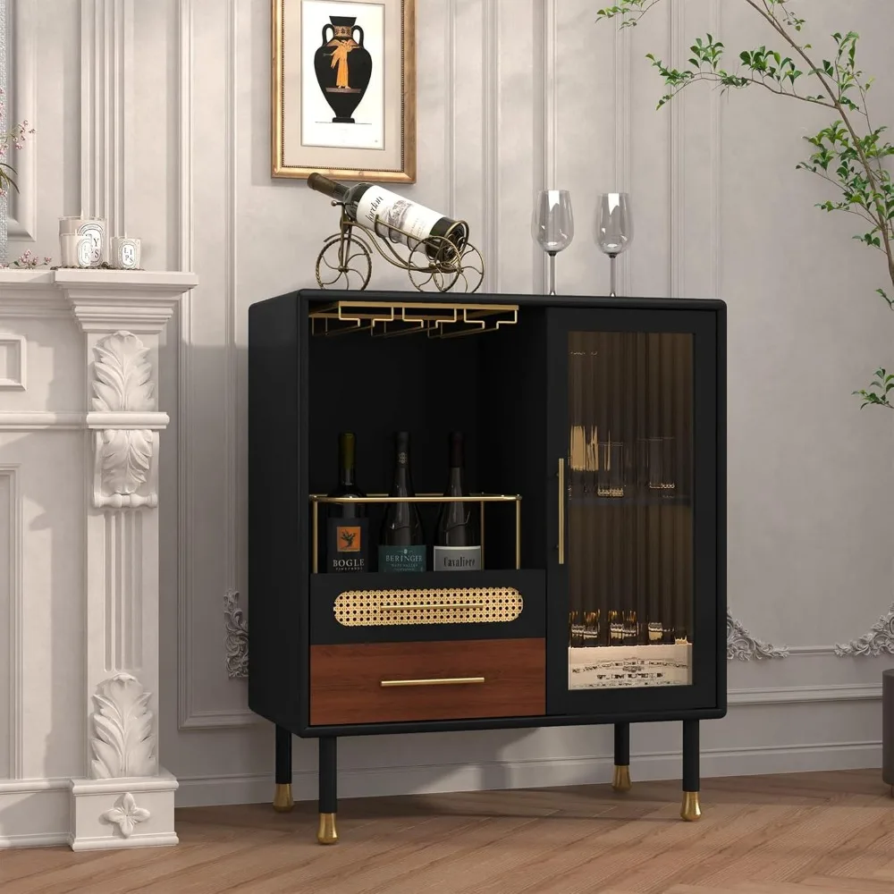 현대적인 와인잔 홀더 및 주방용 슬라이드 선반 수납장, 세련된 블랙 주류 캐비닛
