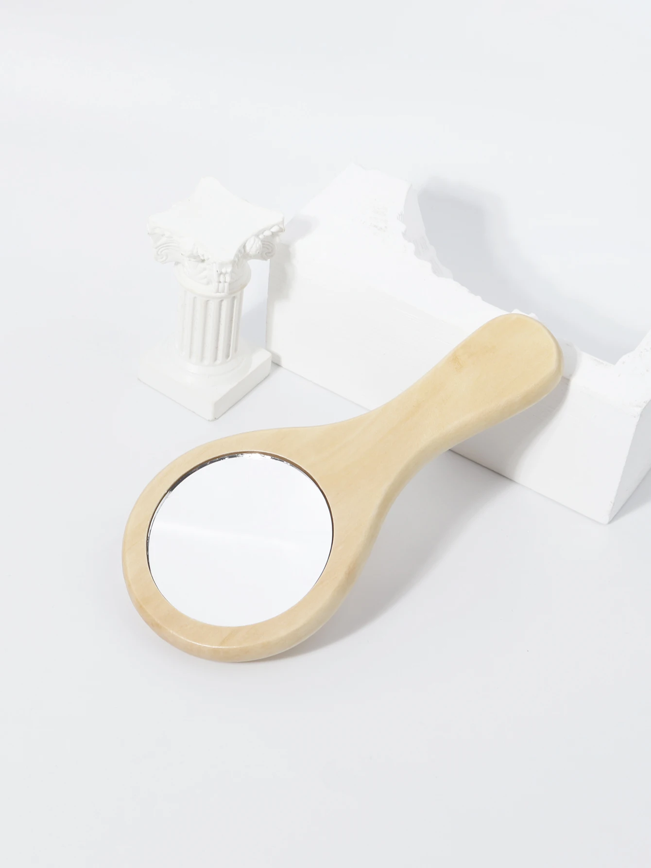 Espejo de madera portátil para viajes y portátiles: espejo redondo compacto de mano para belleza y maquillaje, especial para pelucas de cabello real