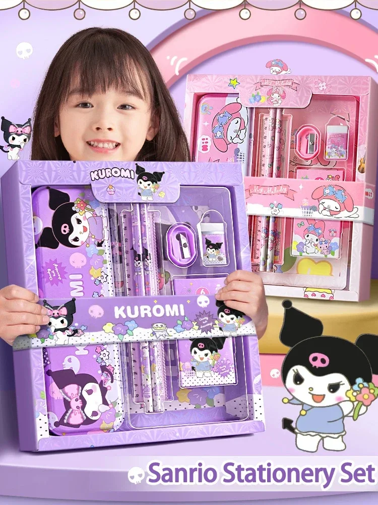 Sanrio 12 pçs kuromi conjunto de papelaria cinnamoroll minha melodia lápis borrachas réguas estudante material escolar estudo papelaria presentes