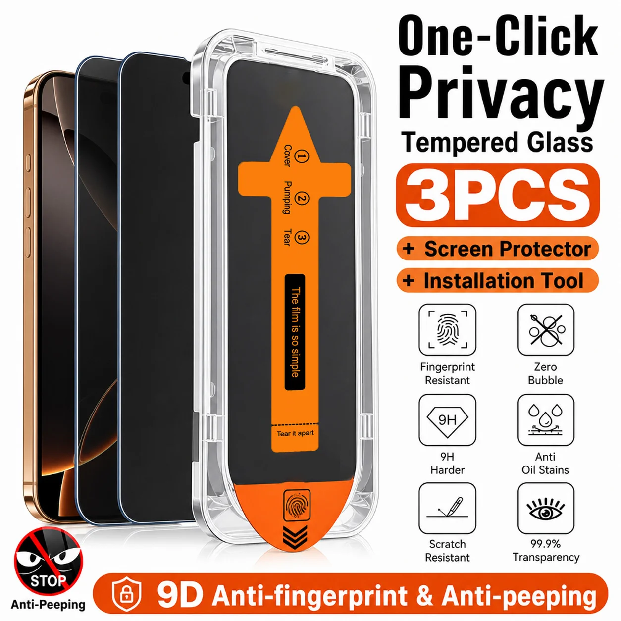 3pcs 9H Anti-Spy Privacy Tempered Glass for Iphone 18 Pro Max/17 Pro Max/16/15/14/13/12/11 - Auto Alignment Installation Frame