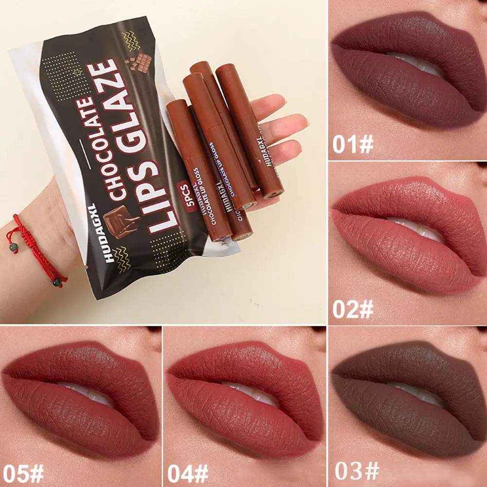 Chocolate Lip Glaze 5-teiliges mattes Samt-Lippenstift-Set, langlebig, wasserdicht, glatt, flüssig, Wasser, leicht, Lipgloss, Damen-Make-up
