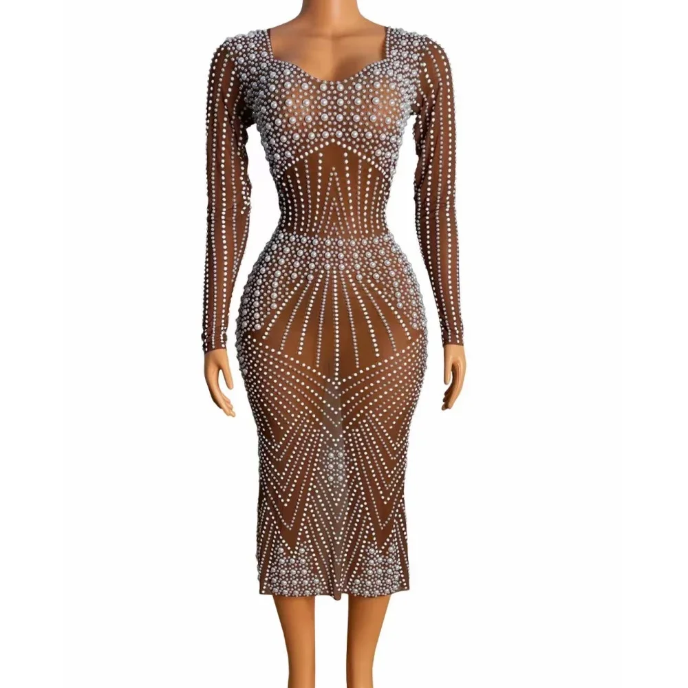 

Brown Shining Rhinestones Long Sleeve Split Sexy Women Dress Evening Party Celebration Clothing Stage Singer Dancing Costumes