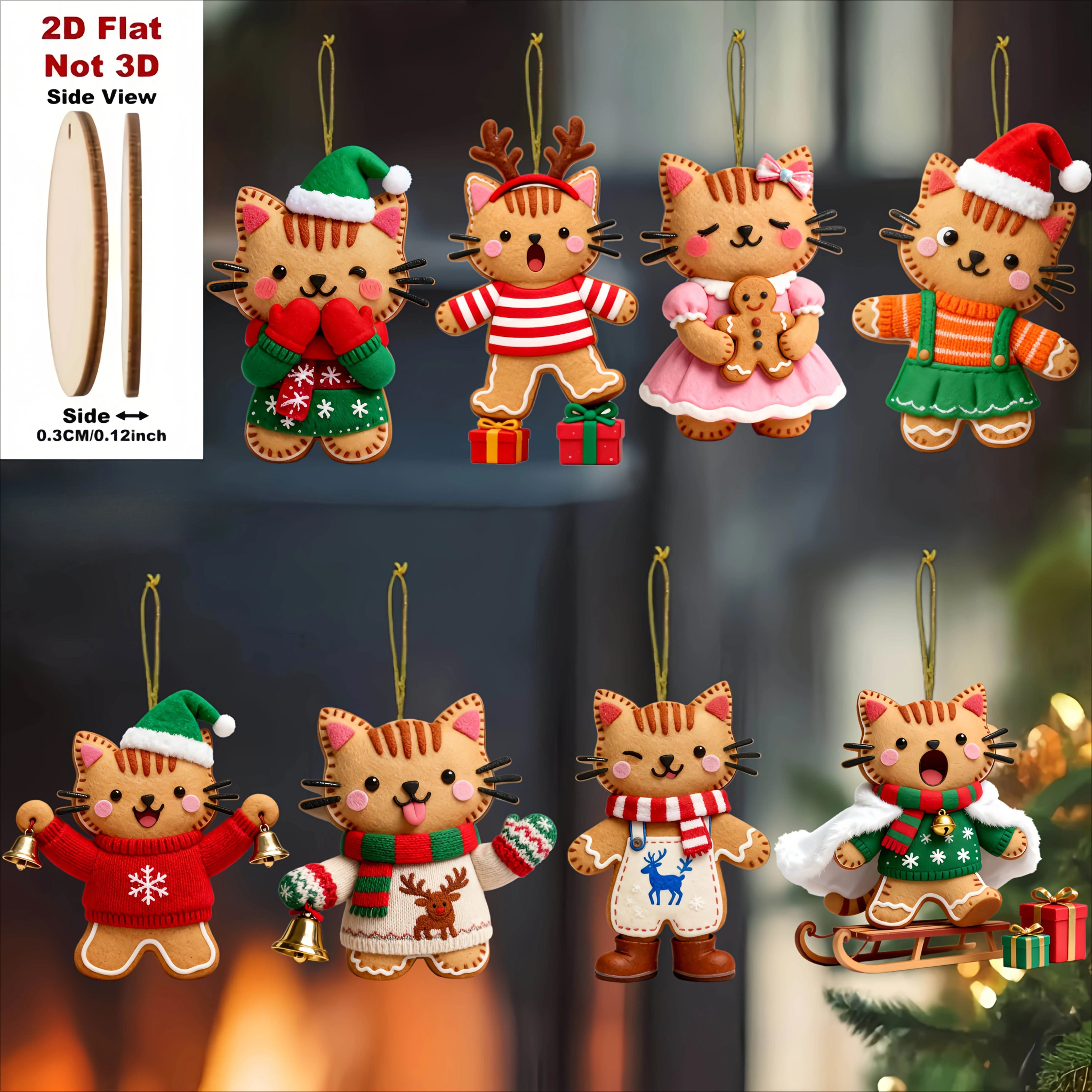 2D Flat, 16pcs Different Shaped Gingerbread Cat Wooden Ornaments, Perfect Gift for Cat Lovers, Christmas Tree Ornaments