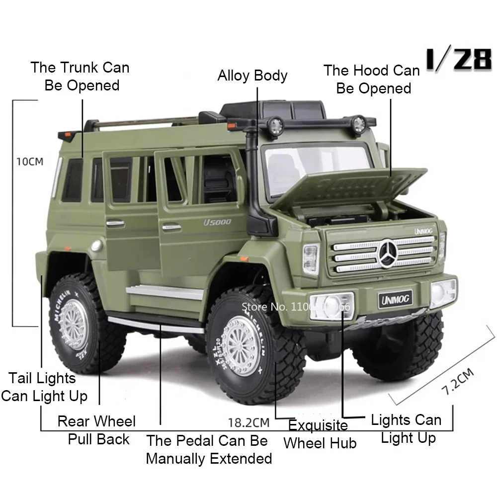 1:28 land rover defender unimog u5000 carros brinquedos modelos pneus de borracha 6 portas abertas roda off-road puxar para trás veículos crianças presentes