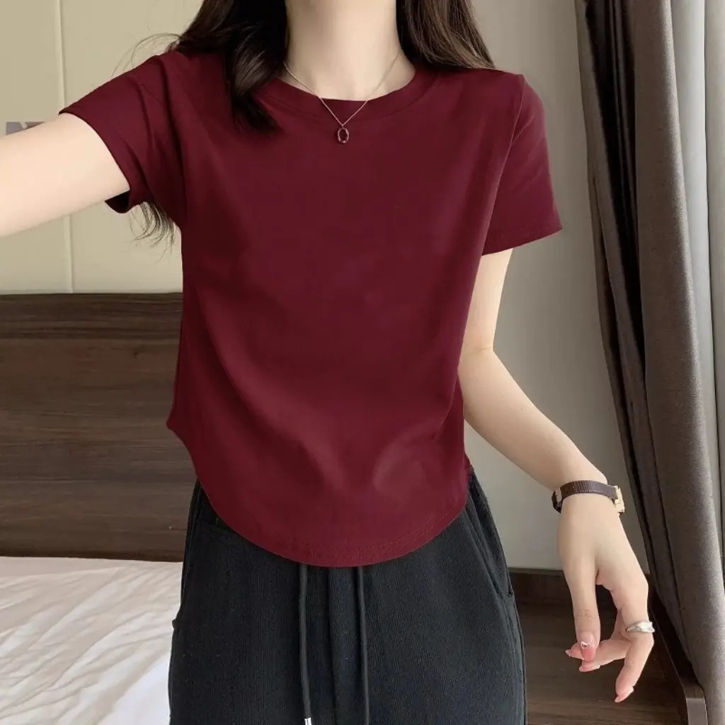 

Women's Pure Cotton T-Shirt Short-Sleeved round Neck Asymmetrical Hem Top Summer New Style Bottoming Shirt for Right Shoulder
