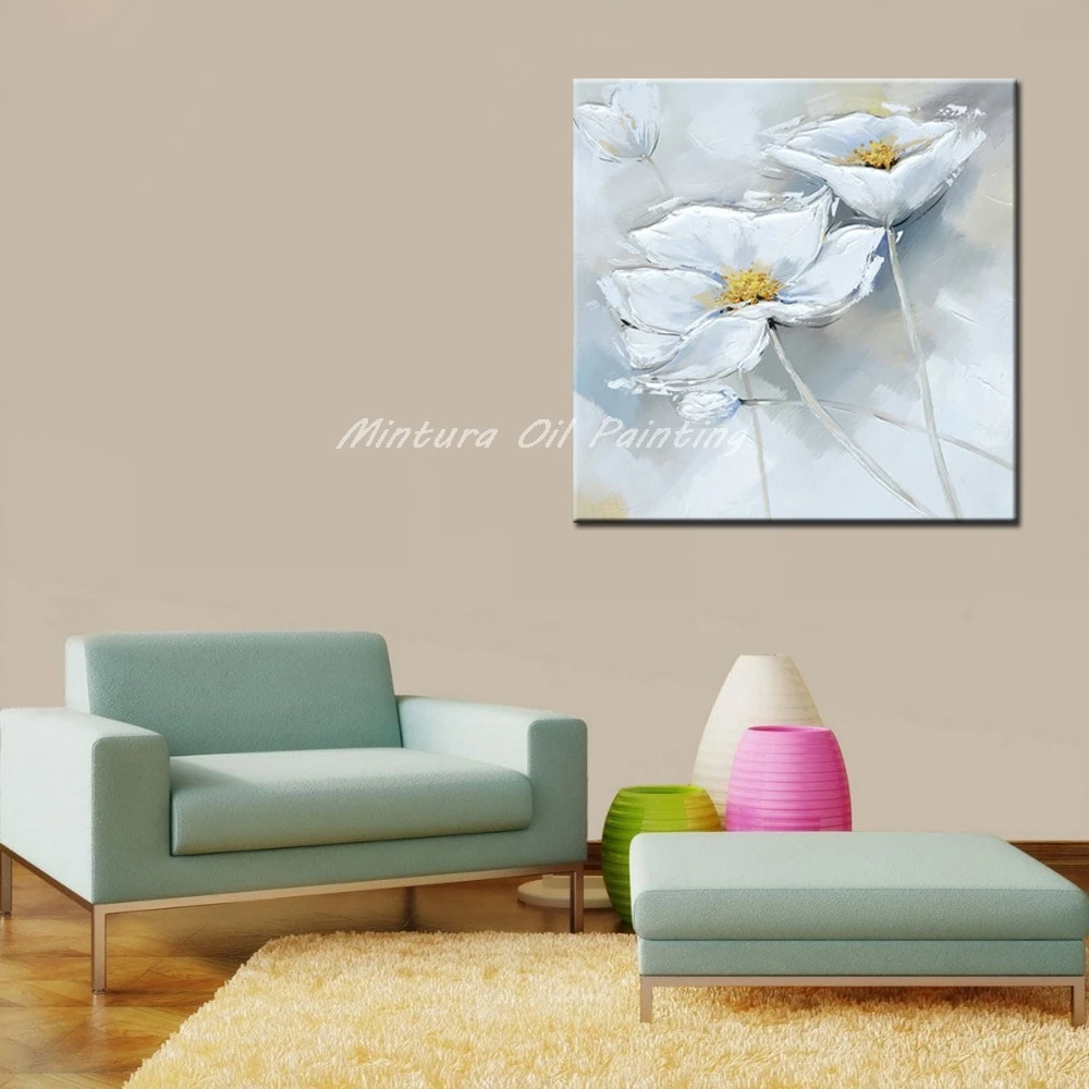 Mintura Large Hand-Painted White Flowers Oil Paintings on Canvas,Wall Art Picture,Living Room Hotel Decoration,Modern Home Decor