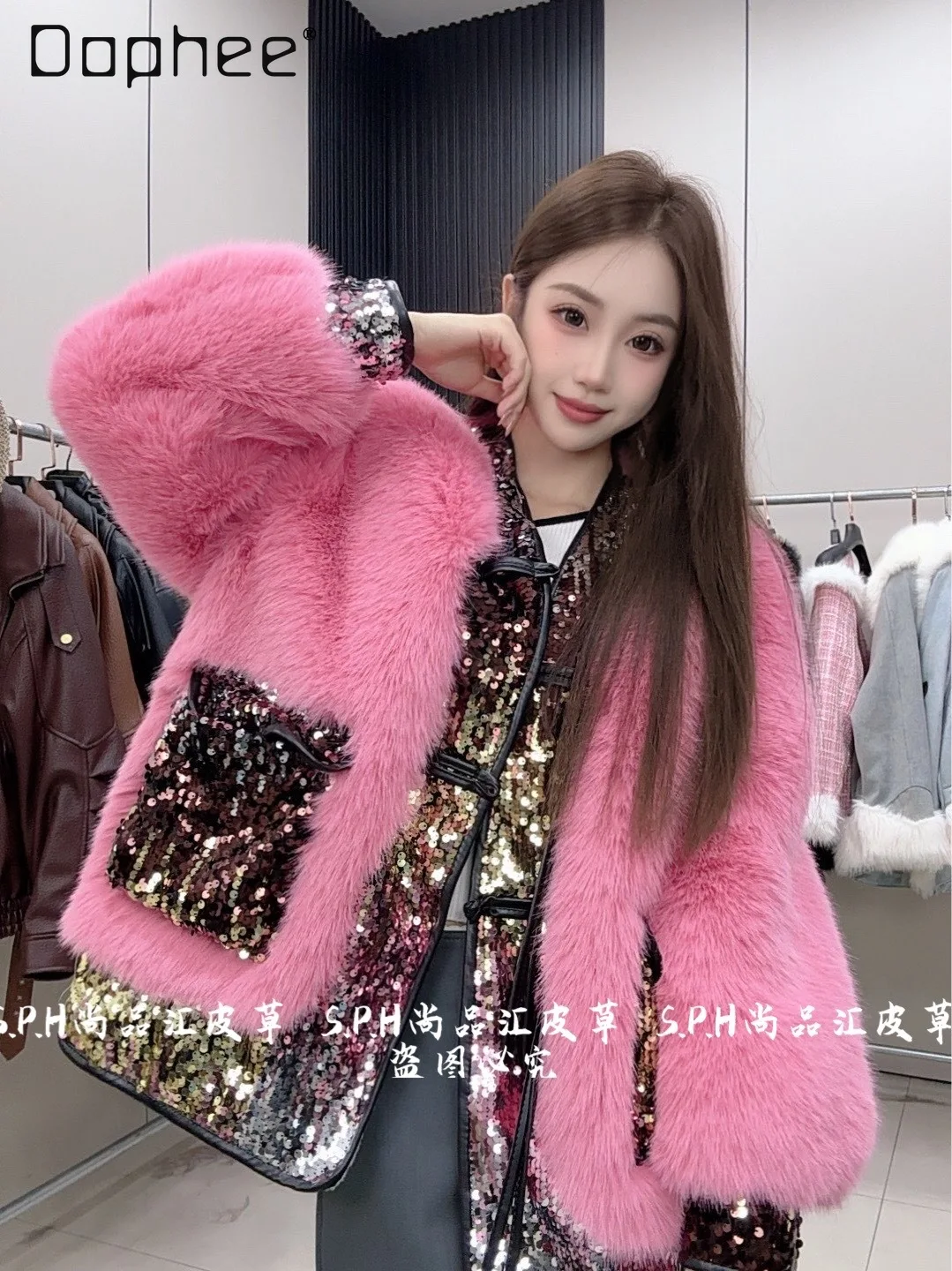 

Green Pocket Faux Fur Coat Winter New Vintage Faux Fur Jacket Women's Short Fashionable Sequin Patchwork Elegant Faux Fur Coat