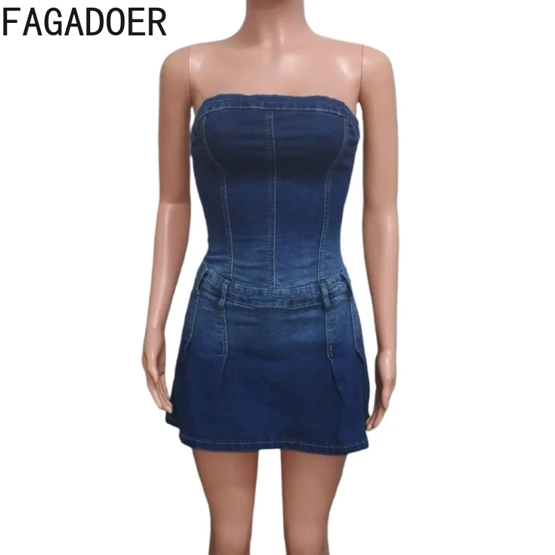 FAGADOER 夏新セクシーなグラデーションデニムボディコンドレス女性ノースリーブ背中の開いたジップジーンズドレス女性ストリート Vestidos