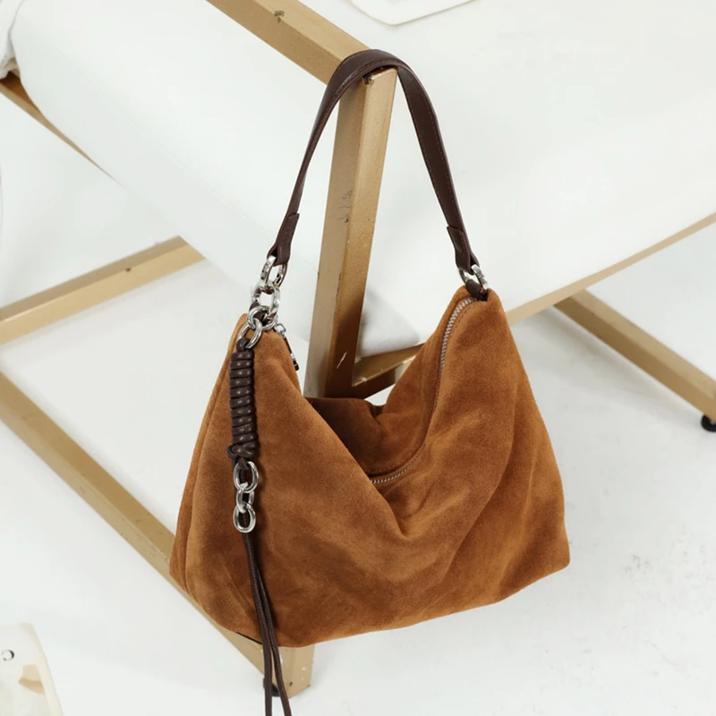 

Hifashion Vintage Suede Genuine Leather Underarm Shoulder Bags For Women 2025 Luxury Designer Hobo Tote Office Ladies Handbags