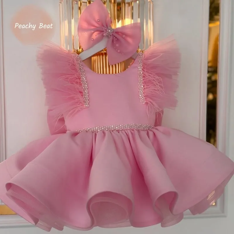 Fashion Baby Girl Princess Feather Tutu Dress Infant Toddler Child Bow Pearl Vestido Wedding Birthday Party Baby Clothes 1-14Y