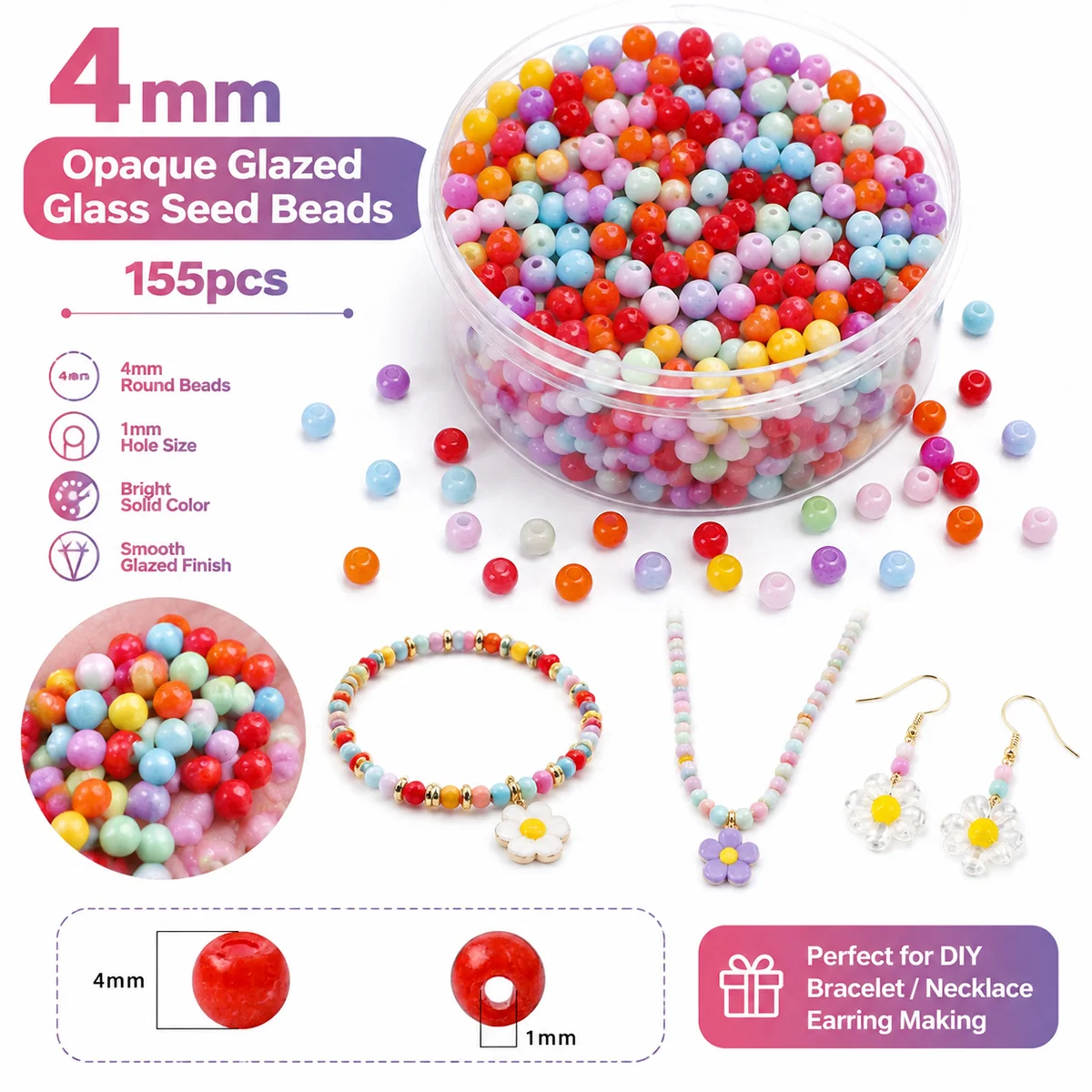 155pcs 4mm Opaque Glazed Glass Seed Beads 1mm Hole Solid Color Round Spacer Beads for DIY Bracelet Necklace Earring Making